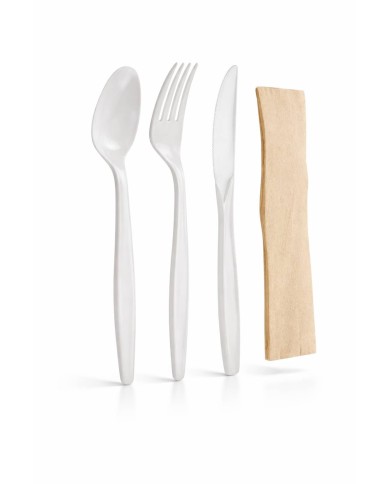 SET MAIZ CUCHILLO, TENEDOR, CUCHARA Y SERVILLETA KRAFT (paq 50 ud)  (Caja 500 uds)***