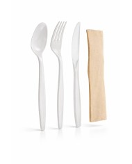 SET MAIZ CUCHILLO, TENEDOR, CUCHARA Y SERVILLETA KRAFT (paq 50 ud)  (Caja 500 uds)***