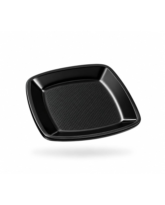 Prato Quadrado Raso Reutilizável de PP 18 cm Preto (15 unidades)