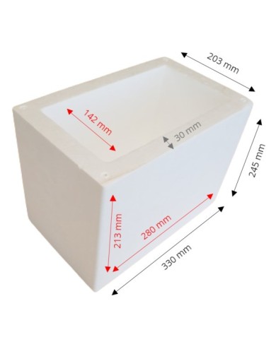 Caja PS ISOTERMICA (Ext 355x250h22) (Int 270x145h145) (Tamaño pequeño nacional) 8 litros Pared 30 (24 horas) 20 uni paquete